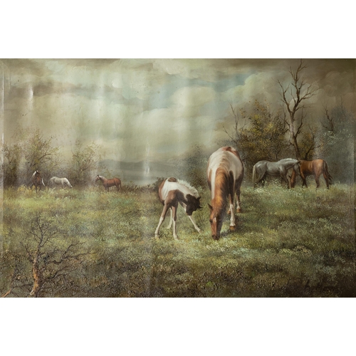 169 - MARE & FOAL in a meadow, large Oil on Canvas, in a gilt frame, signed L Moore, 73cmH x 105cmW