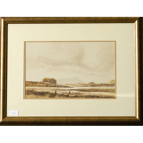 174 - IRISH SCHOOL, watercolour, shoreside with landscape, cream mount, gold frame, 47cmH x 61cmW