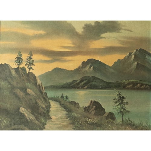 177 - Vintage River Landscape with mountains, at dusk, 57cmW x 70cmH