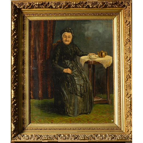 179 - 19thC Portrait of a seated senior woman, wearing a black dress and hat, having tea, oil on canvas, 6... 