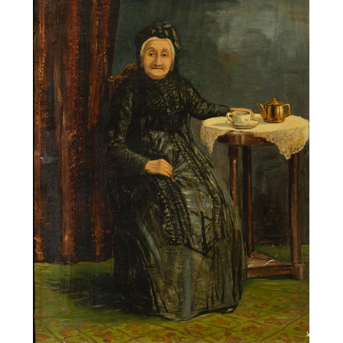 179 - 19thC Portrait of a seated senior woman, wearing a black dress and hat, having tea, oil on canvas, 6... 