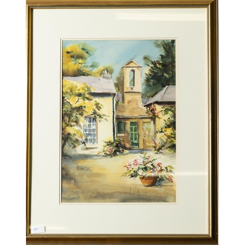 184 - CARRIE ODUINN, floral watercolour Evening Falls beside Belltower Cottage,  51cmH x 35cmW, cream m... 