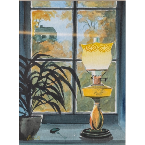 185 - PETER KNUTTEL (b.1945), Study of Victorian Oil Lamp with a yellow shade, on a Window Cill, signed wa... 