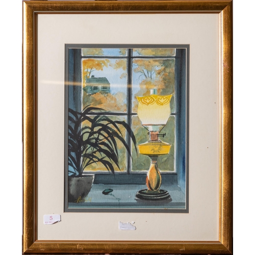 185 - PETER KNUTTEL (b.1945), Study of Victorian Oil Lamp with a yellow shade, on a Window Cill, signed wa... 