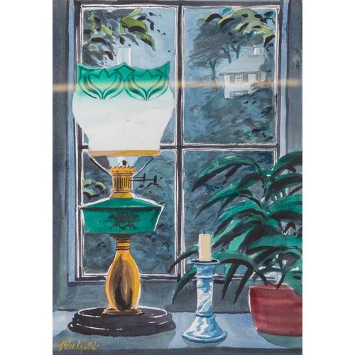 186 - PETER KNUTTEL (b.1945), Study of Victorian Oil Lamp with a green shade, on a Window Cill, signed wat... 