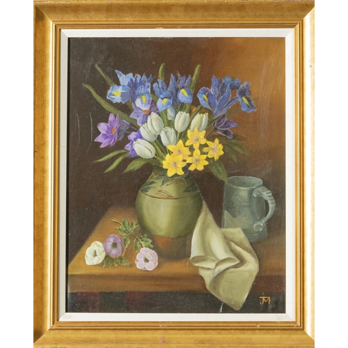 187 - JOHN MORRIS, oil on board  still life Summer floral presentation (tulips, violets etc) in a vase, i... 