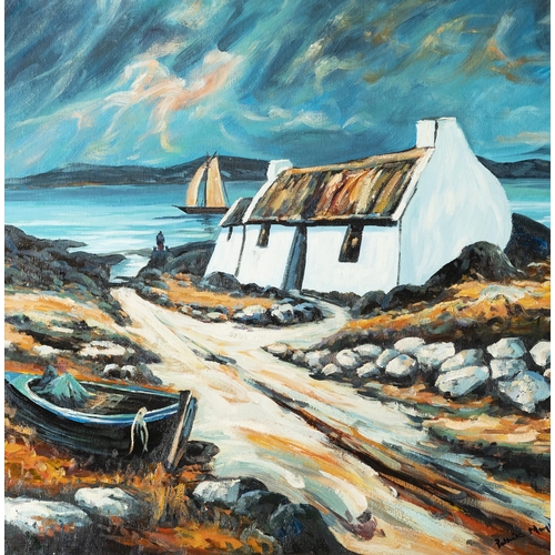 193 - PATRICK MURPHY, Fishermans Cottage, oil on board, in a white mount and black frame, 71cmH x 73cmW