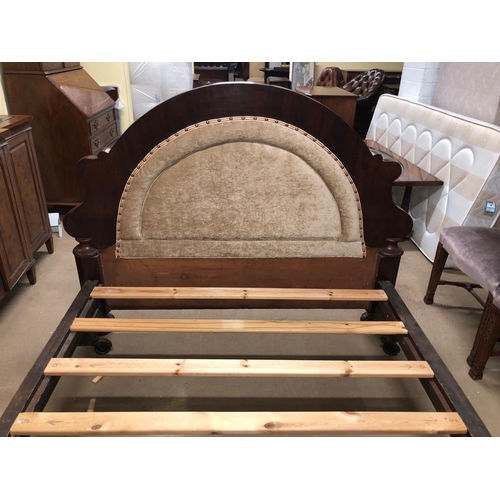 206 - WMIV Mahogany Bed Frame, with carved and dome-shaped head & base boards, both padded with light brow... 