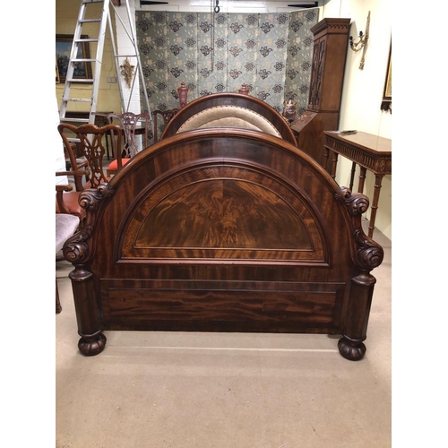 206 - WMIV Mahogany Bed Frame, with carved and dome-shaped head & base boards, both padded with light brow... 