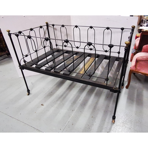 207 - Victorian Cast Iron Cot, turned side rails, brass finials, castors, 68cmW x 133cmL