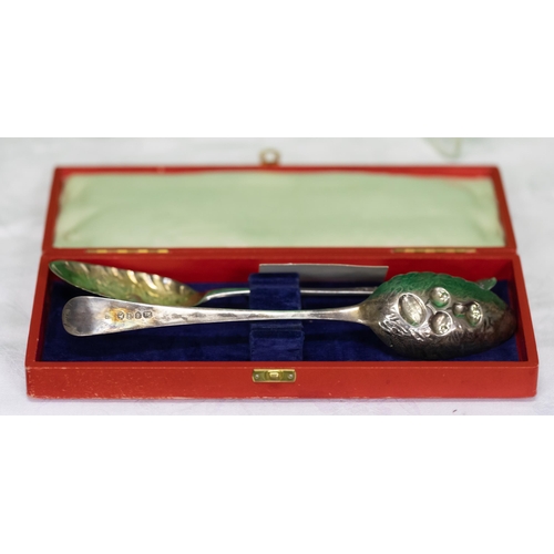 224 - Matching Pair of English Silver Berry/ Serving Spoons, featuring pears, apples, dated London 1794, s... 