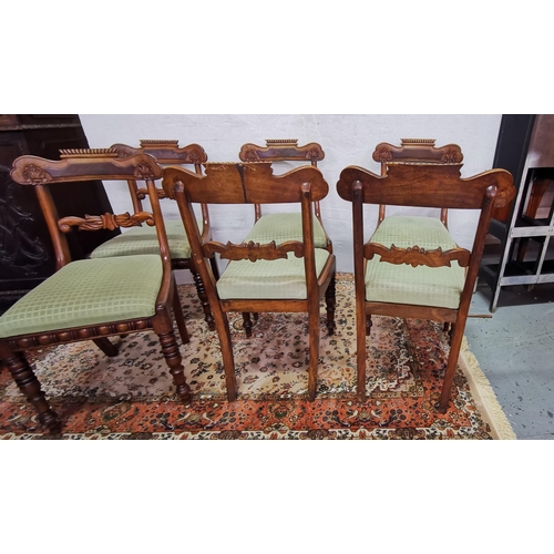 27 - Set of 6 fine heavy WMIV Mahogany Dining Chairs, with removable green fabric covered seats, turned a... 