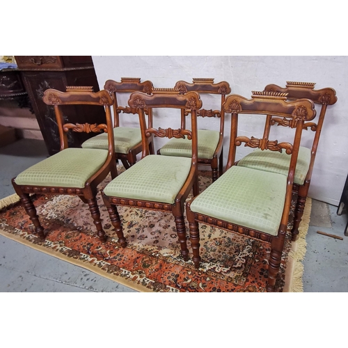 27 - Set of 6 fine heavy WMIV Mahogany Dining Chairs, with removable green fabric covered seats, turned a... 