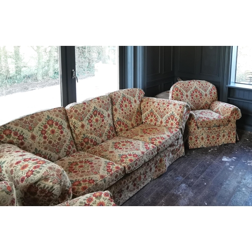 31 - Large 3-Seater Sofa, covered with loose floral beige tapestry cover, 2.12cmW (matches lot 32)