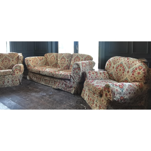 32 - Pair of Armchairs, covered with loose floral beige tapestry covers, 1 wingback style, (matches lot 3... 