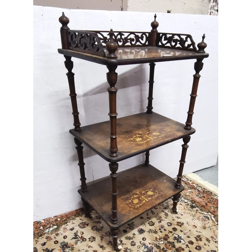 46 - 3 Tier Walnut Whatnot, marquetry inlay, fretwork gallery (for restoration), 106cmH x 53cmW