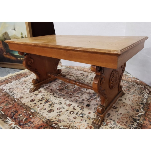 55 - Oak Low Table, with gothic design supports, on hairy paw feet, 1.3mW x 64cmD x 60cmH