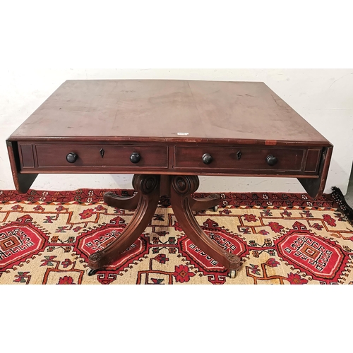 58 - William IV mahogany sofa table with drop side leaves with one faux drawer and one pull out drawer on... 