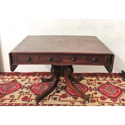 58 - William IV mahogany sofa table with drop side leaves with one faux drawer and one pull out drawer on... 