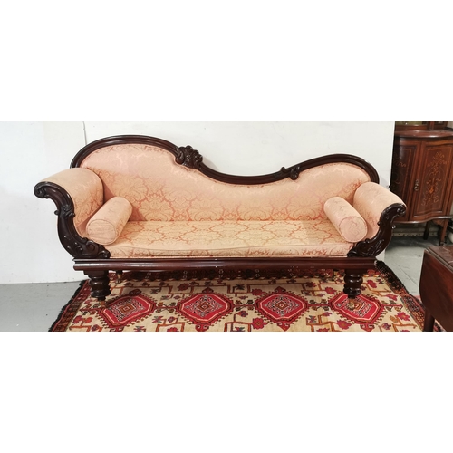 7 - WMIV Mahogany Framed Large Settee, on turned legs, castors, covered with peach colour upholstery, a ... 