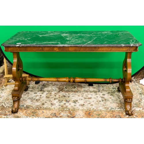 73 - Victorian polished Walnut Centre Table, with lyre shaped supports, turned stretcher and a later dark... 