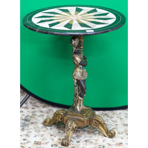 74 - Early 20thC circular Marble Topped Occasional / Centre Table, inlaid with a chess board design, supp... 