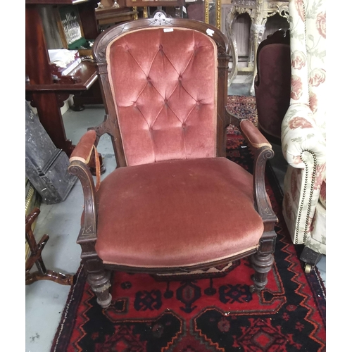 10 - Edw. Walnut Framed Armchair, pink velour fabric, castors