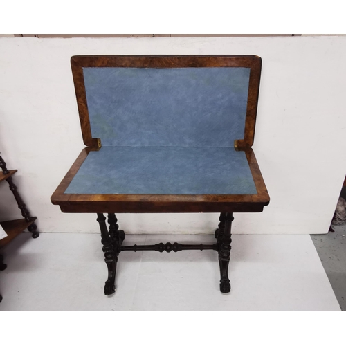 50 - Victorian Fold-over Burr Walnut Card Table, with ebony inlay, on cabriole feet, castors (interior la... 