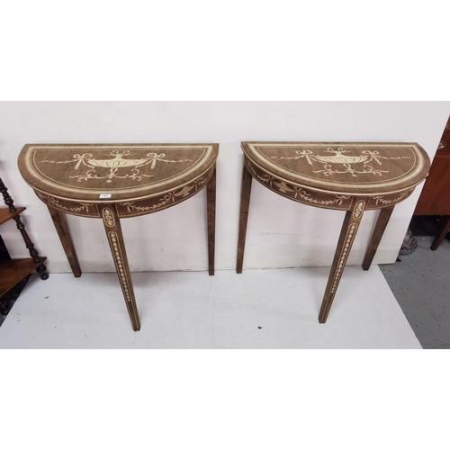 41 - Matching Pair of Sheraton Design Bow-Fronted Side Tables, featuring classic urns and swags, on 3 tap... 