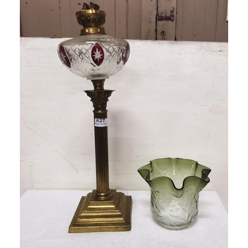 627 - Brass corinthian column oil lamp base, cut glass bowl and green tulip shaped shade