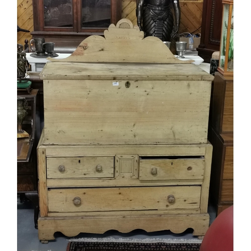 128 - 19thC Irish Stripped Pine Mule Chest, with a hinged lid compartment, 3 lower drawers, on bracket fee... 