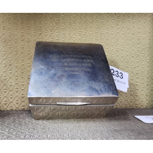 233 - London silver cased cigarette box (square shaped), inscribed to 