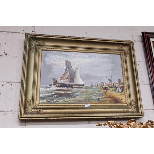 183 - 19thC Oil on canvas  Returning to Shore, sail boat by a village harbour, H44cm x W67cm, gold gess... 