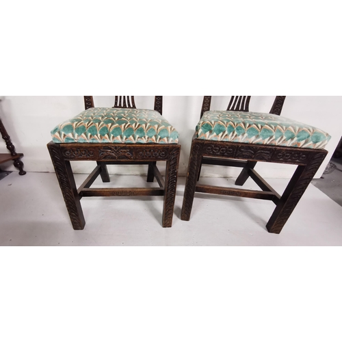 37 - Matching Set of 6 Antique Carved Oak Hall Chairs, with Hepplewhite style backs, over removeable gree... 