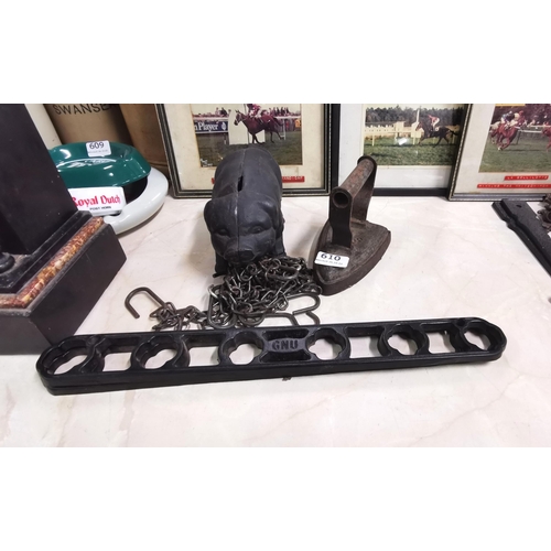 610 - GNU Cast Iron Clothes Rail with hanging chains, cast iron pig model (possibly a money box) & old Co... 