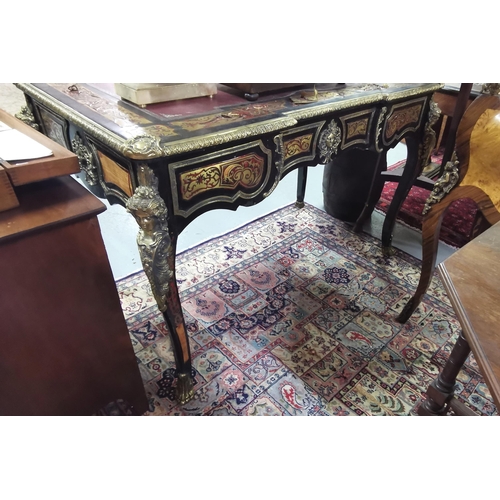 61 - Early 20thC French Ebonised Boulle Writing Desk, ornate brass inlay with red tortoiseshell style fin... 