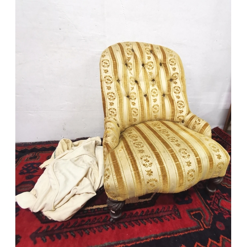 10 - Victorian Nursing Chair, gold velour fabric, button back, turned front legs (& loose cream cover)