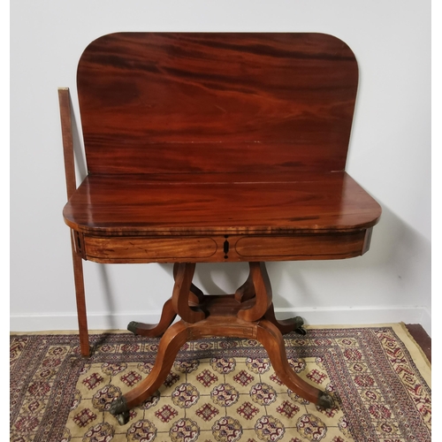 100 - 19thC Mahogany Tea Table, foldover style, on a lyre shaped pod above 4 splayed legs, decorative bras... 