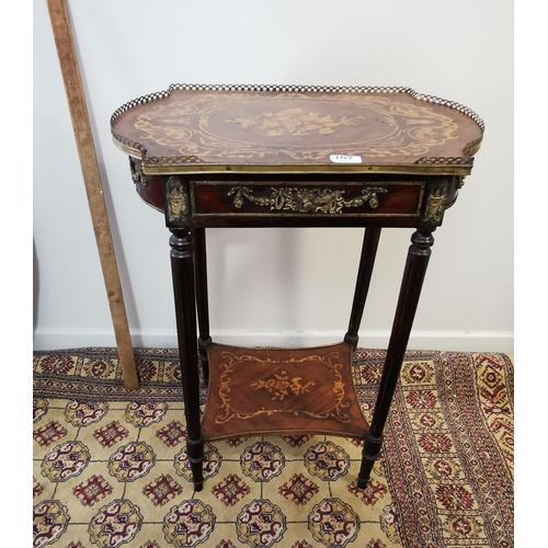 107 - Compact marquetry inlaid Occasional Table, floral detail, stretcher shelf, 55cmW x 70cmH