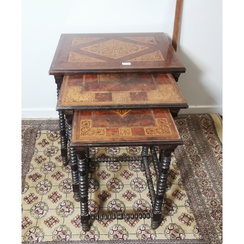 110 - Nest of 3 Continental Walnut Graduating Size Tables, nicely inlaid with marquetry detail of cupids p... 