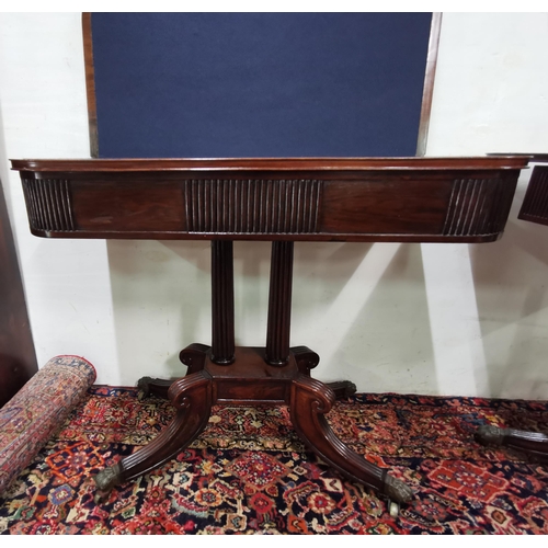 111 - Matching Pair of Regency period Rosewood Card Tables, each with reeded borders, opening to a blue ba... 