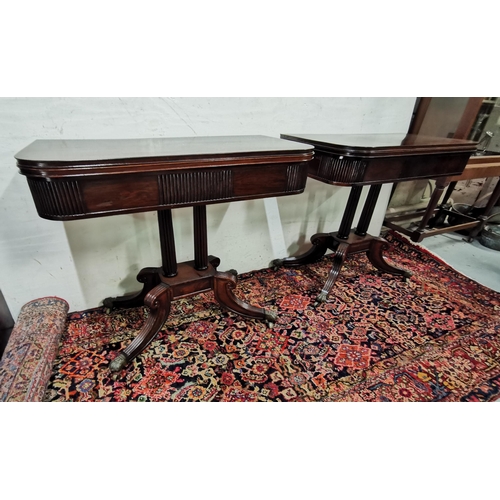 111 - Matching Pair of Regency period Rosewood Card Tables, each with reeded borders, opening to a blue ba... 