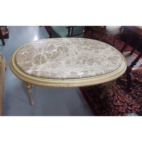 118 - Carved gilt wood Coffee Table, oval shaped, with a veined brown marble top, turned legs, 105cmW, 50c... 