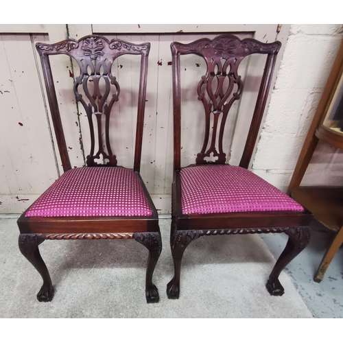 12 - Pair of Chippendale Style Mahogany Dining Chairs with ball and claw feet and removable cerise fabric... 