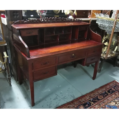 120 - Modern Chinese Teak Desk, an upper gallery with an arrangement of file compartments, the desk with 5... 