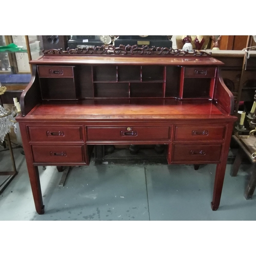 120 - Modern Chinese Teak Desk, an upper gallery with an arrangement of file compartments, the desk with 5... 