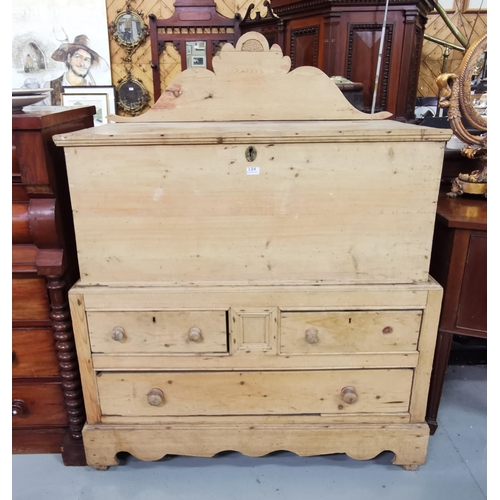 124 - 19thC Irish Pine Blanket Chest, hinged compartment above 3 lower drawers, on bracket feet, 1.16mH x ... 