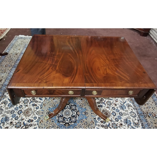 129 - WMIV Mahogany Sofa Table, with a fine cross-banded top and drop ends over 2 front drawers (2 faux dr... 