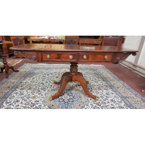 129 - WMIV Mahogany Sofa Table, with a fine cross-banded top and drop ends over 2 front drawers (2 faux dr... 