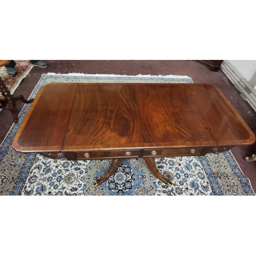 129 - WMIV Mahogany Sofa Table, with a fine cross-banded top and drop ends over 2 front drawers (2 faux dr... 